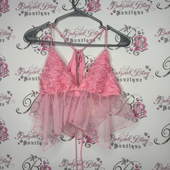 Kimchi blue tank top crop top pink mesh floral rose bust open keyhole back NWT - Picture 6 of 9